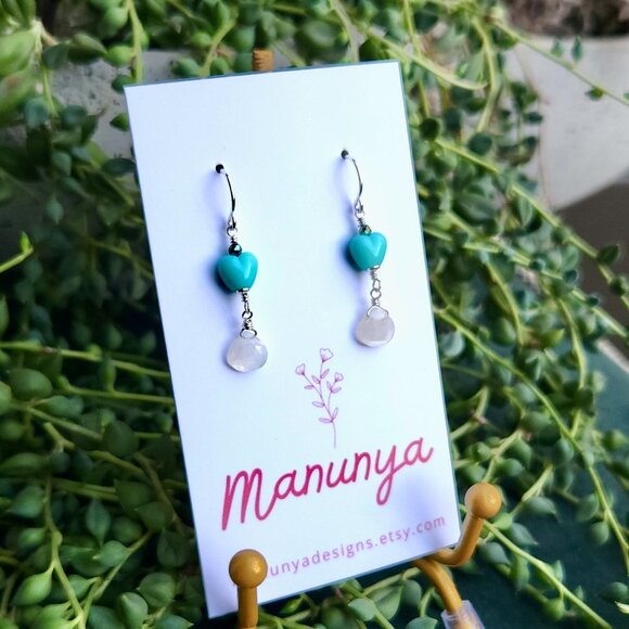 Heart Earrings with Semi-Precious Stones - Pink, Purple, Aqua, Blue - Picture 12 of 14